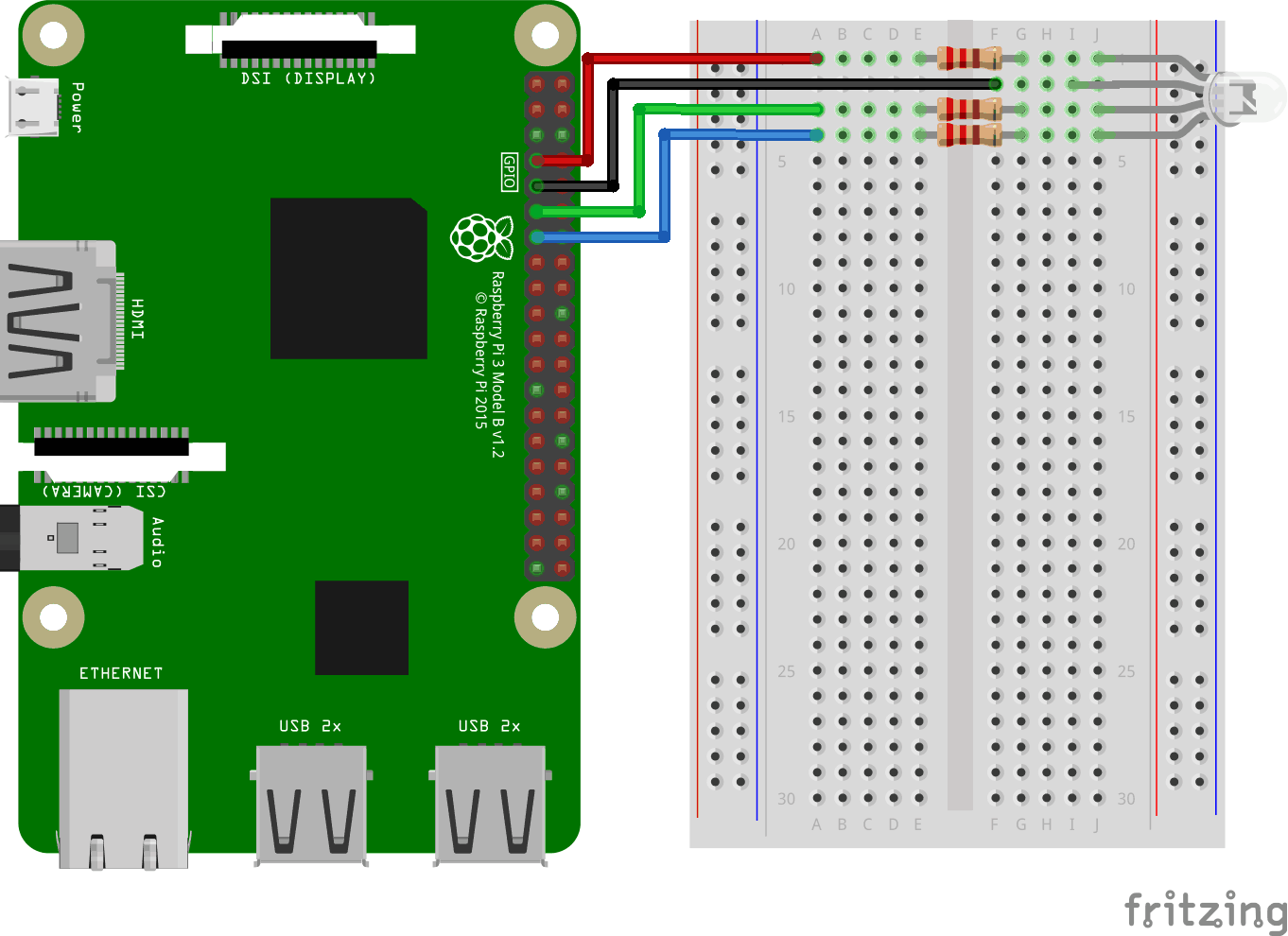 Raspberry Pi 3 with Breadboard. RGB LED common Cathode